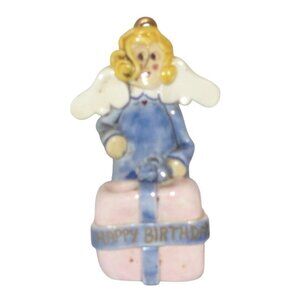 Handmade Ceramic Angel Birthday Candle Holder Blonde Hair & Present Vintage